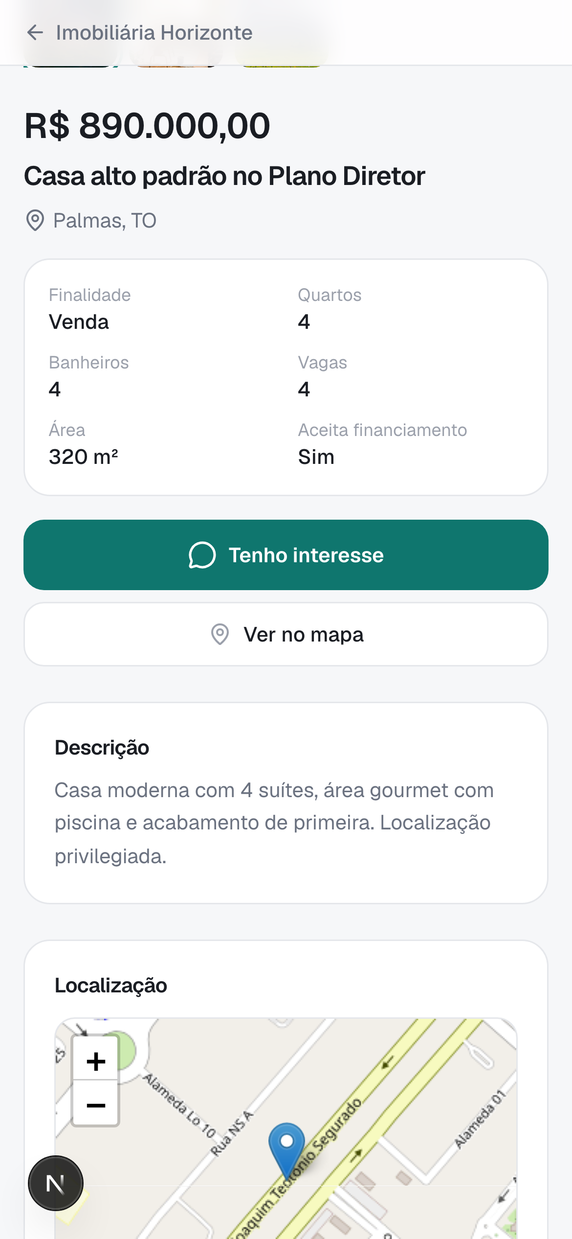 Anúncio de imóvel com ficha técnica e mapa