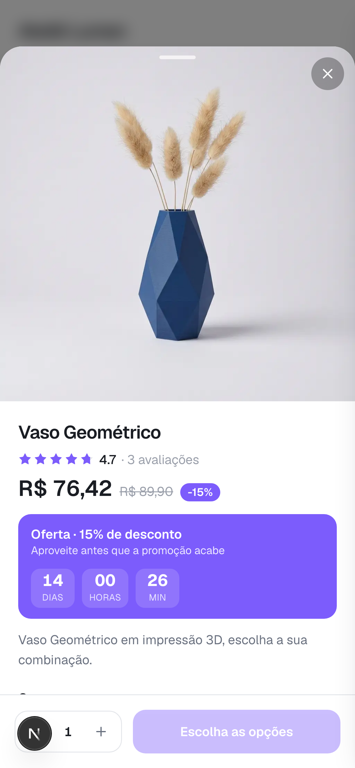 Produto com escolha de cor e tamanho